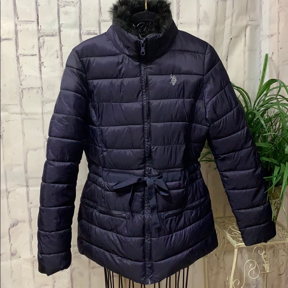 U.S. Polo Association Puffer Jacket Tie Waisted Faux Fur Neck Long Line Coat
